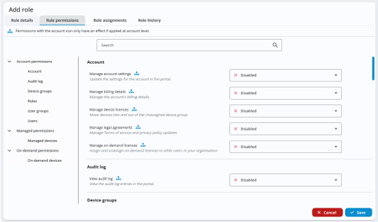Role permissions tab showing account, audit log and device group permissions, with all permissions set to Disabled.